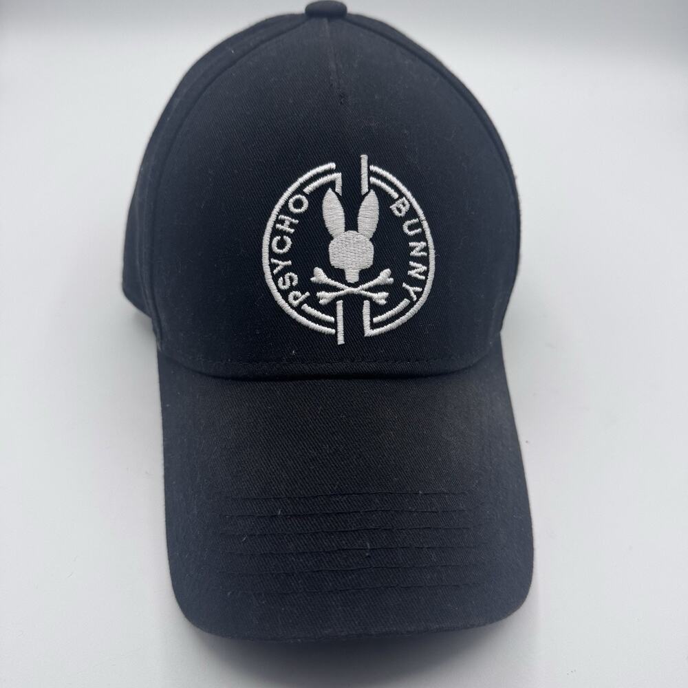 Psycho Bunny Men’s Black Baseball Cap White Embroidered Logo Adjustable O/S